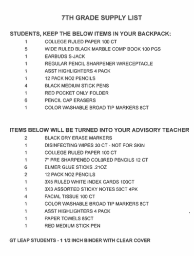 7th Grade List